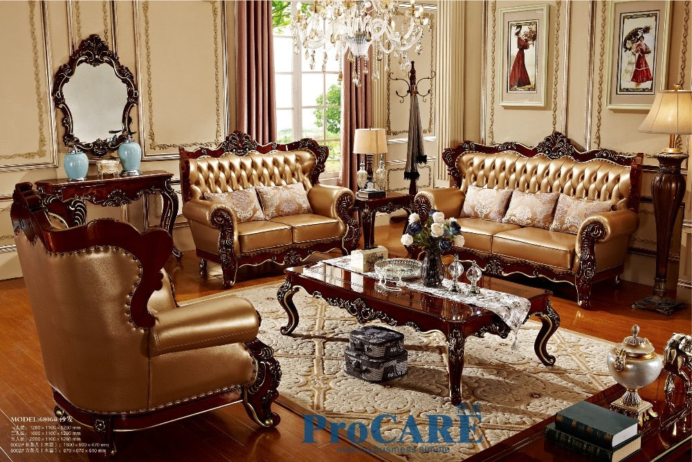 USA red solid wood golden yellow genuine leather sofas set living room furniture with wood surface's coffee table in China-6806
