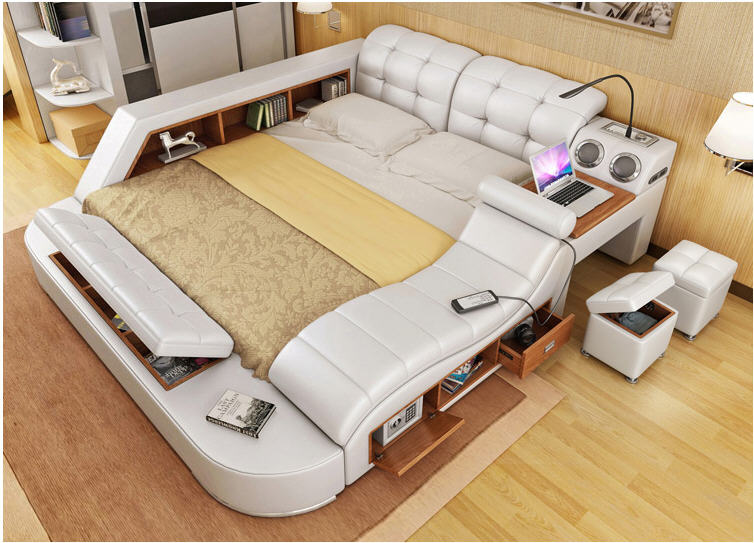 Genuine leather bed frame with massage and safe Modern Soft Beds Home Bedroom Furniture cama muebles de dormitorio camas quarto