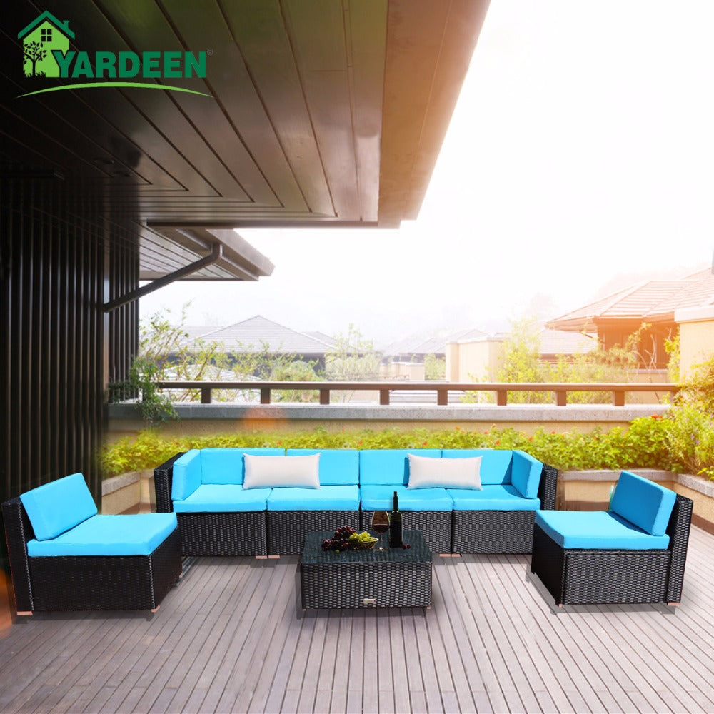 Yardeen 7 Pieces Patio PE Rattan Garden Sofa Set Backyard Furniture Kit Indoor and Outdoor With 2 Bolster Pillows and Tea Table
